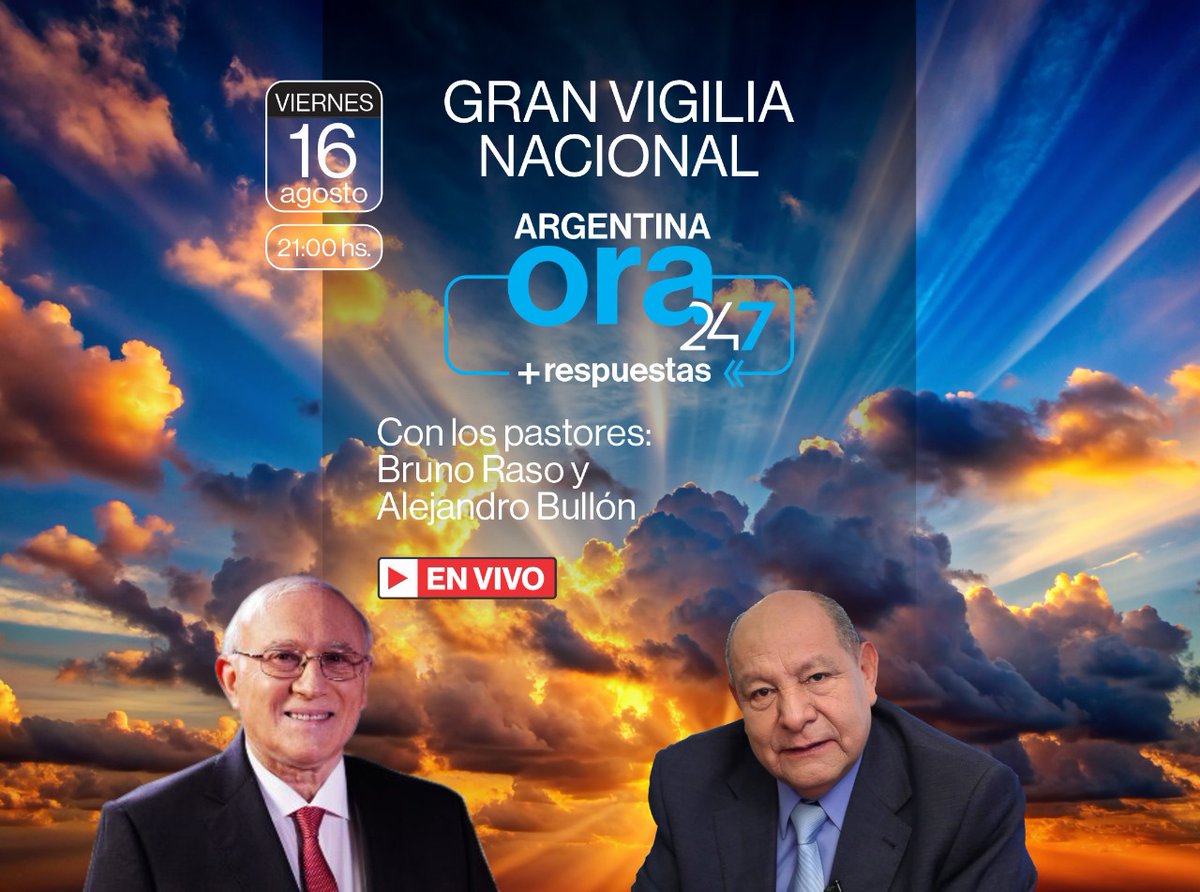 🇦🇷 Este viernes 16 de agosto desde las 21hs seguí la transmisión de la Vigilia Nacional de oración 🙏

📖 Nos acompañarán con la reflexión espiritual el Pr. Alejandro Bullón y el Pr. Bruno Raso.
 
Link del programa 👇
youtube.com/live/bn7LYBKsb…