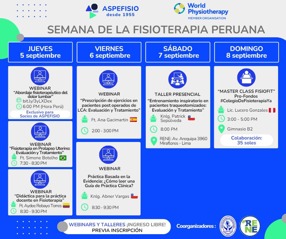 🎉SEMANA DE LA FISIOTERAPIA
🗓️ 1 de setiembre "Día de la Fisioterapia peruana"
🗓️ 8 de setiembre "Día mundial de la Fisioterapia"
🗣️ Participa de todo el programa previa inscripción! #ColegioDeFisioterapiaYa.
#WorldPhysiotherapy #WorldPTday #ASPEFISIO