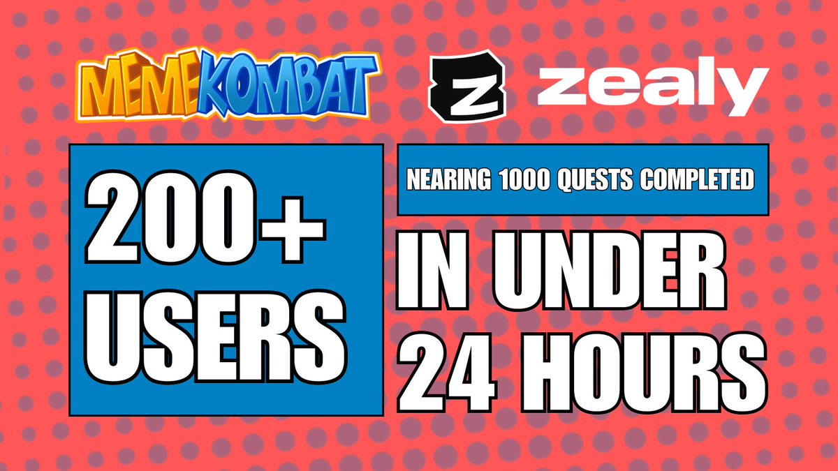 200+ participants
Almost 1000 quests complete

All under 24 hours! The Meme Kombat Zealy has been cooking lately 🔥