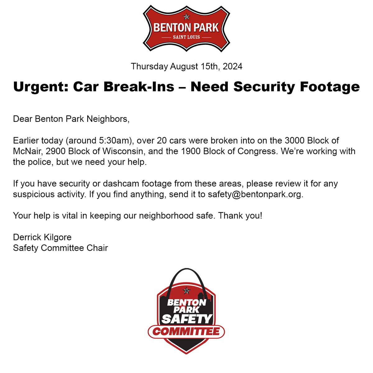 Unfortunately we had over 20 cars broken into this morning in Benton Park.  If you have footage of any suspicious activity around 5:30am, please message us.