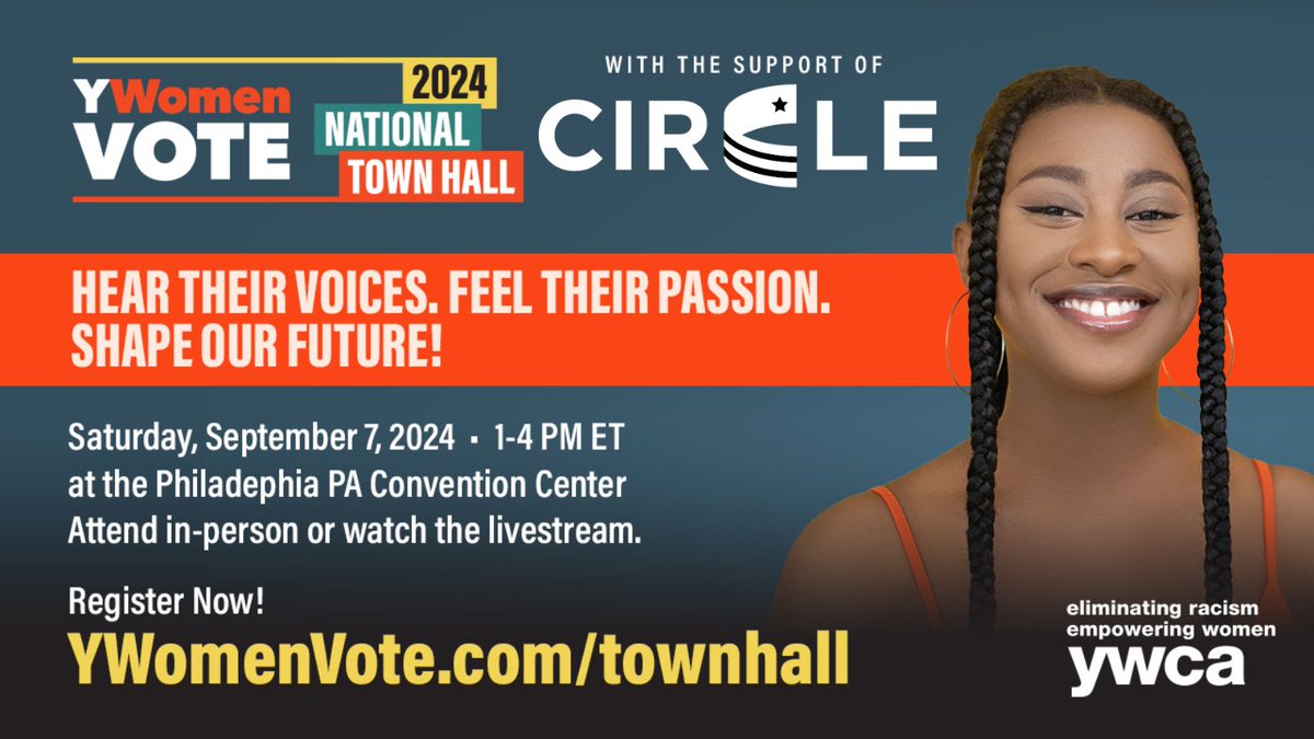 1/2
CIRCLE is proud to partner with @YWCAusa's YWomenVote 2024 Gen Z National Town Hall! 

9/7/24 includes:
A moderated panel discussion among Gen Z women &amp; gender-expansive individuals; 
A presidential candidate forum; and 
Local watch parties with #GOTV activations.
