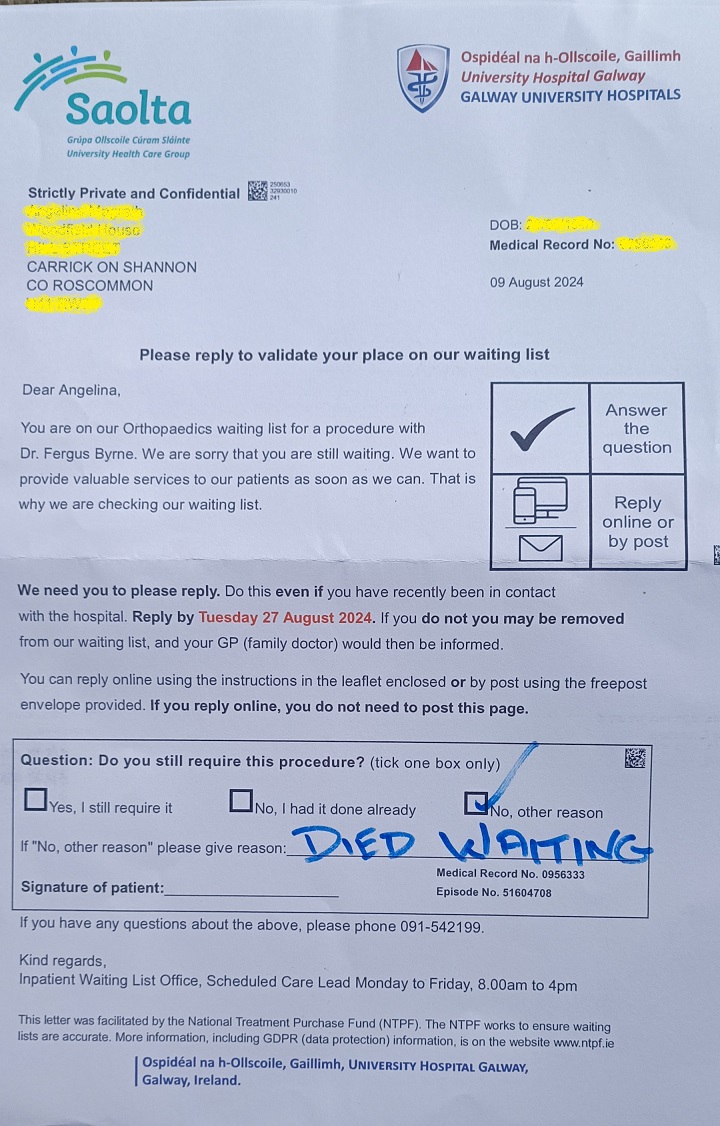 yamon2008's tweet photo. This came today for my wife. She's urgently needing spinal surgery and we've been 'pestering' all people we can who might be able to help .... now this arrives! Stephen Donnelly and friends started this criminal scheme to shorten their waiting lists whatever the consequences ... https://t.co/V7H384CDgD