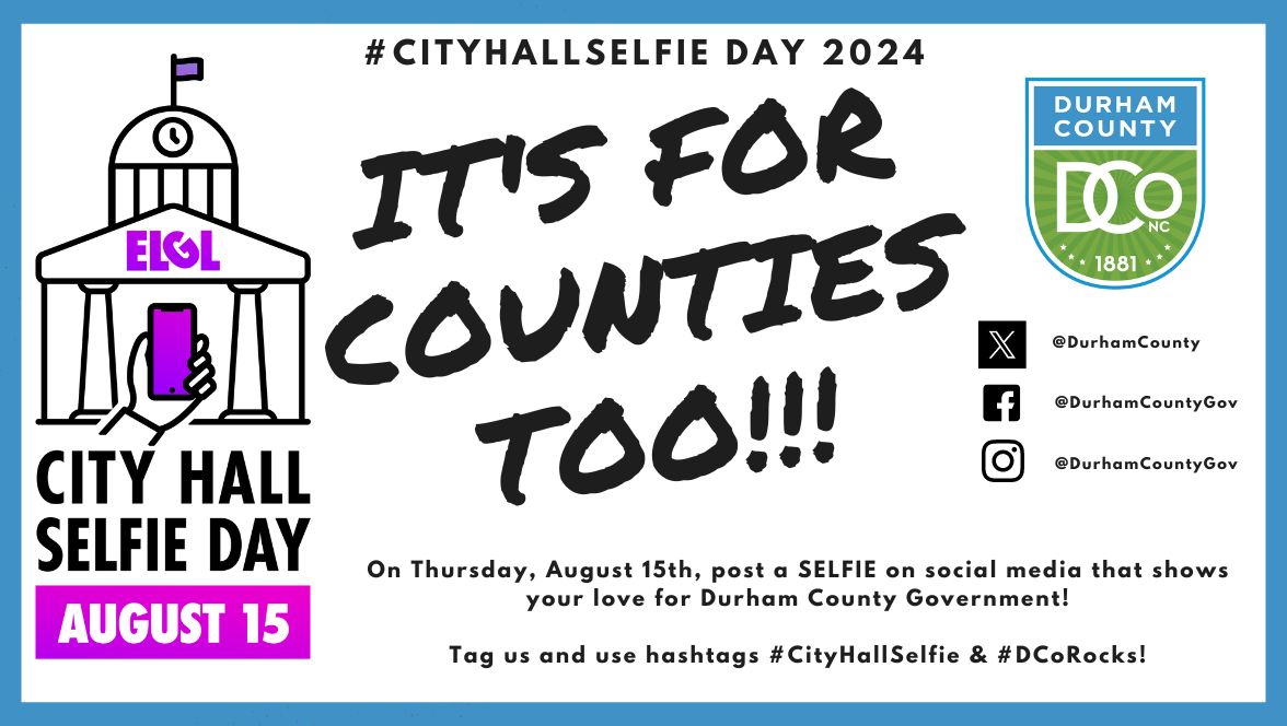 DurhamCounty's tweet photo. Want to join in on #CityHallSelfie Day? Snap a selfie, tag us & @elgl50 in front of your favorite Durham County spot! Extra credit if it's at a #localgov building. Let us know that #DCoRocks! It's all day today, August 15! https://t.co/LPvDmp2anc