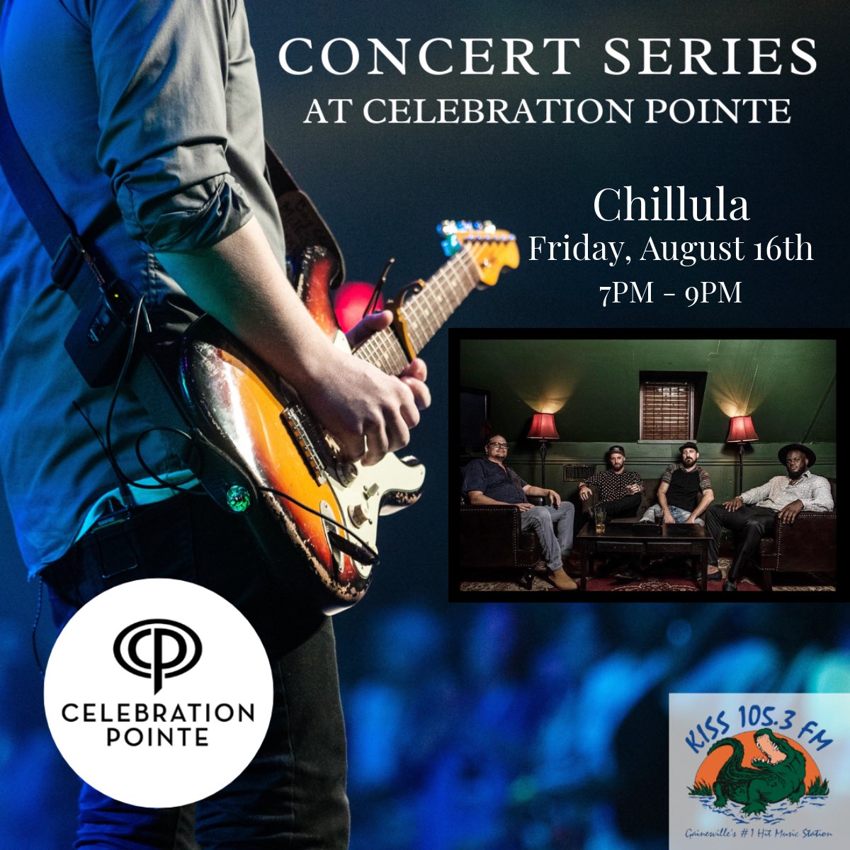Join us for the KISS Concert Series at Celebration Pointe tomorrow to see Chillula performing live! 🎶
 
One of our DJs will also be playing hit music throughout the evening!
 
There will be giveaways from Celebration Pointe merchants, along with hats and t-shirts from KISS!