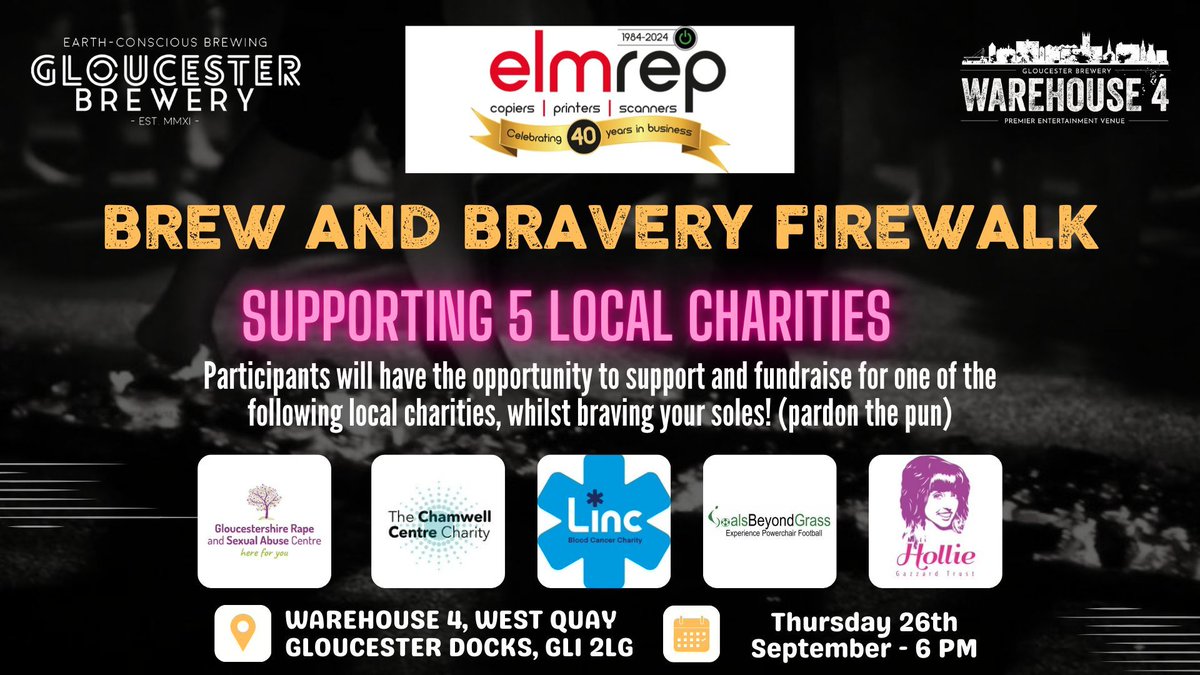 Hollie Gazzard Trust (@holliegazzardt) on Twitter photo π₯ Do you want to take on a firewalk? π₯
We are part of the Brews and Bravery Firewalk event, with <a href="/Elmrep/">Elmrep - Copiers Printers Scanners</a> and <a href="/GBrewery/">Gloucester Brewery</a>. Take a daring walk on hot embers and fundraise for the Hollie Gazzard Trust. #GlosBiz
π Register now at: buff.ly/3WJ1LVP π₯ Do you want to take on a firewalk? π₯
We are part of the Brews and Bravery Firewalk event, with <a href="/Elmrep/">Elmrep - Copiers Printers Scanners</a> and <a href="/GBrewery/">Gloucester Brewery</a>. Take a daring walk on hot embers and fundraise for the Hollie Gazzard Trust. #GlosBiz
π Register now at: buff.ly/3WJ1LVP