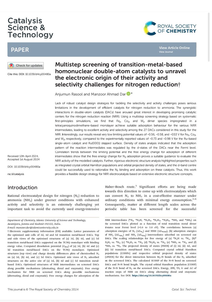 Manzoor Ahmad Dar (@dar_manzoor) on Twitter photo Check out our recent work in <a href="/CatalysisSciTec/">Catalysis Sci & Tech</a> highlighting a multistep screening strategy for evaluating the NRR activity of DACs <a href="/Anjumun08/">Anjumun Rasool</a>
doi.org/10.1039/D4CY00…
Thanks to <a href="/IndiaDST/">DSTIndia</a> and <a href="/serbonline/">SERB</a> for funding. Check out our recent work in <a href="/CatalysisSciTec/">Catalysis Sci & Tech</a> highlighting a multistep screening strategy for evaluating the NRR activity of DACs <a href="/Anjumun08/">Anjumun Rasool</a>
doi.org/10.1039/D4CY00…
Thanks to <a href="/IndiaDST/">DSTIndia</a> and <a href="/serbonline/">SERB</a> for funding.