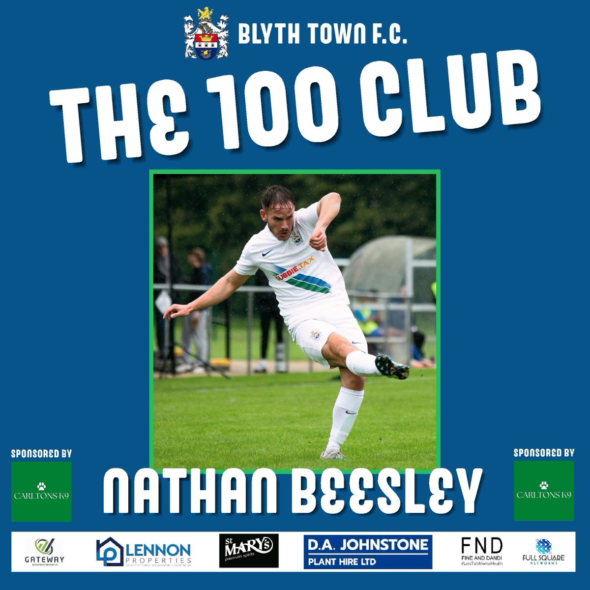 Blyth_TownFC's tweet photo. 𝗧𝗛𝗘 𝟭𝟬𝟬 𝗖𝗟𝗨𝗕

Congratulations to Nathan Beesley who on Tuesday made his 100th appearance  for the club

In these 100 games he has -

4 Goals
13 Assists
7 Player of the Matches
34 Clean Sheets
60% Win Rate

Nathan is sponsored by Carltons K9 https://t.co/WgXGfjipev