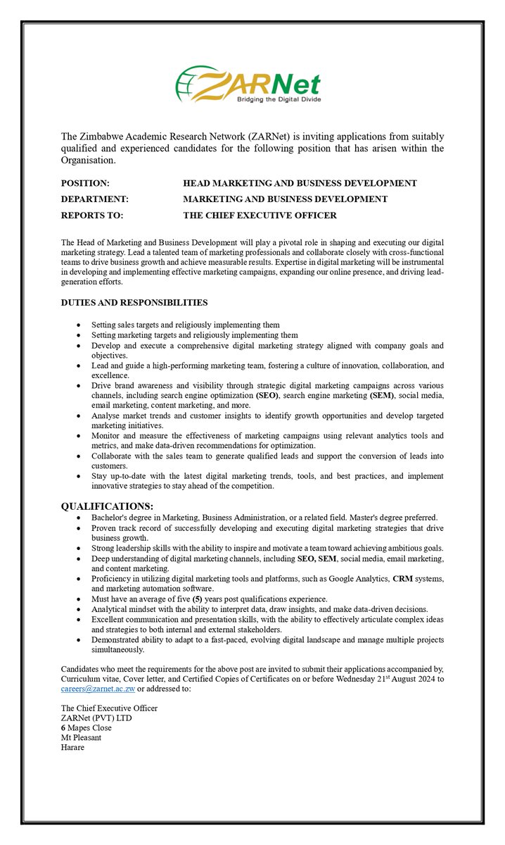 ZarnetZim's tweet photo. #Vacancy Notice Head Marketing and Business Development https://t.co/8NdiHW1Edg