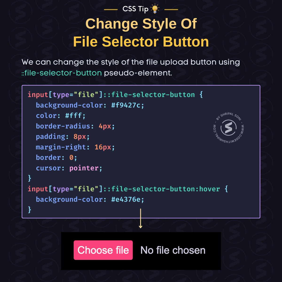 codewithshripal's tweet image. CSS Tip 💡

You may not know that we can change the style of the file selector button 🤩👇