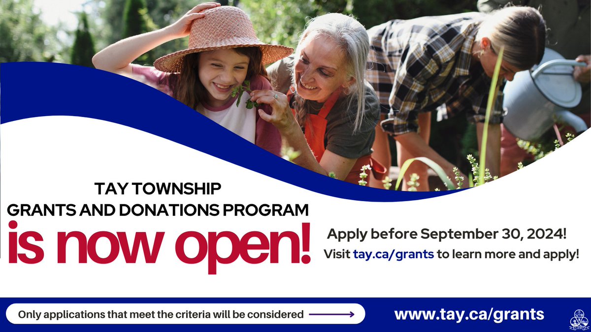 TayTownship's tweet photo. The #TayTownship Grants and Donations Program is now OPEN for applications until September 30, 2024! For details on the Program and application/reporting process please visit https://t.co/fIO43GHyO5! #TayProud https://t.co/1Q2X3ScITq