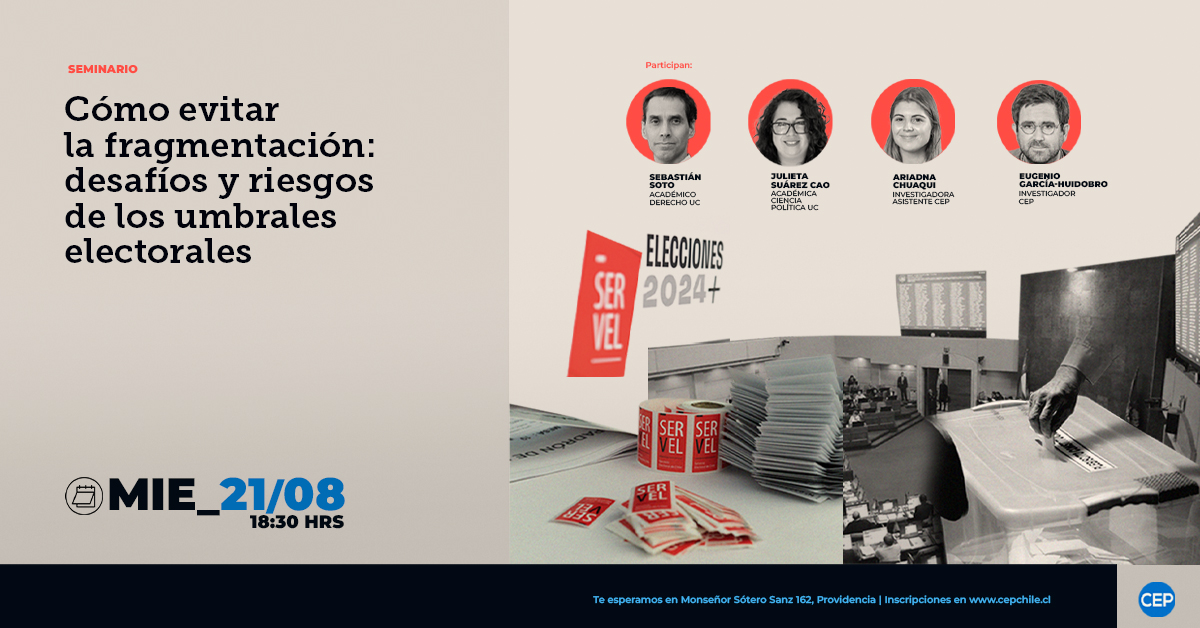 #ElCEPInvita a la presentación del  estudio "Umbrales electorales y fragmentación parlamentaria: mito y realidad": goo.su/6ZBbh

Comentarán el texto los académicos <a href="/jujuchi/">Julieta Suárez-Cao (she/her/ella)</a> y Sebastián Soto.

> Inscripciones aquí: ow.ly/LEGC50SXRMA