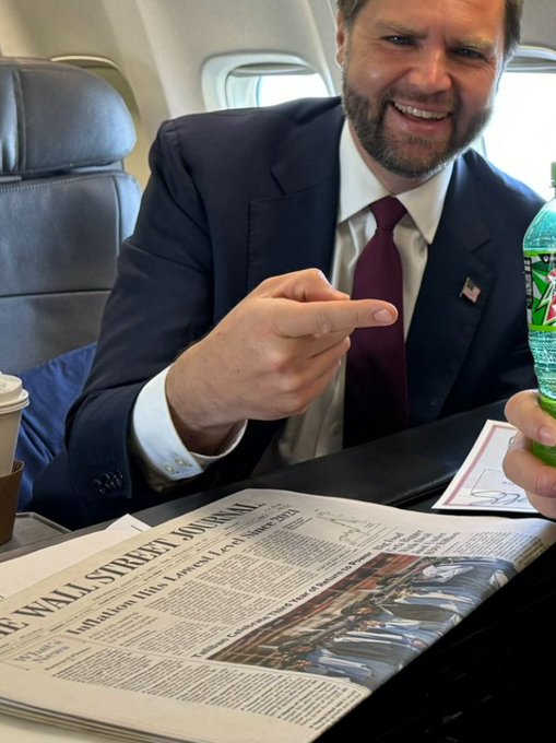 OnlineDetective's tweet photo. What do you see?

The JD Vance continuance of his WEIRD Mountain Dew joke that wasn't funny the first time he told it?

Me... I see The Wall Street Journal's top headline:
"INFLATION HITS LOWEST LEVEL SINCE 2021"

He is not very good at this is he. https://t.co/03DzGMMrAh