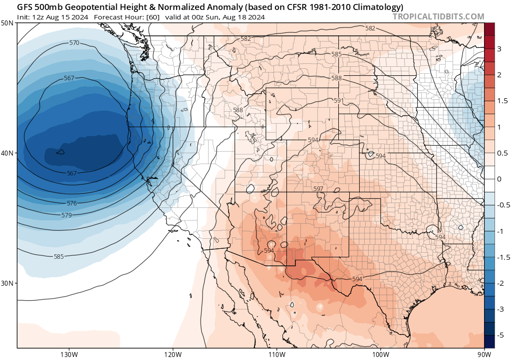 Anomalously deep trough set to impact Northern California this weekend. This patterns is of known fire weather concern, with strong SW winds and late summer dry fuels in the central-to-northern Sierra and coastal ranges (excepting far NW where rain is likely)... #CAfire #CAwx