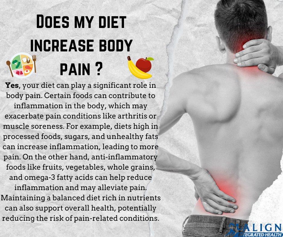AlignIntegrated's tweet photo. Does what I consume increase my body pain? The answer is Yes! What we eat can significantly influence our overall health. While certain foods can fuel inflammation and worsen pain, others have the power to soothe and heal. To learn more, book a consultation with us! 9727070993. https://t.co/xbWcF6y4nh