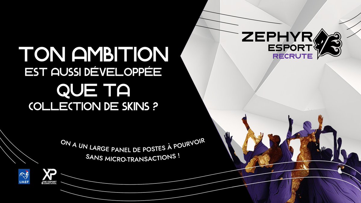 Zephyr_E_Sport's tweet image. 🚨RECRUTEMENT🚨

Le Poulpe Lyonnais recherche son nouveau Directeur/Directrice de Communication bénévole!🔥

H/F/NB

Ton rôle ?
- Mise en place des stratégies de communication
- Gestion des réseaux sociaux et Community Managers

Envoie ton CV à: recrutement@zephyr-esport.com 😎