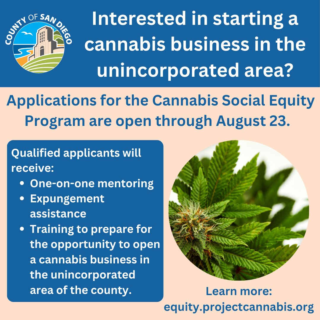 SDCountyHHSA's tweet photo. Applications for the Cannabis Social Equity Program have been extended through August 23.

Learn more: https://t.co/lTXBx3ONmr https://t.co/umDeUm4Yf9