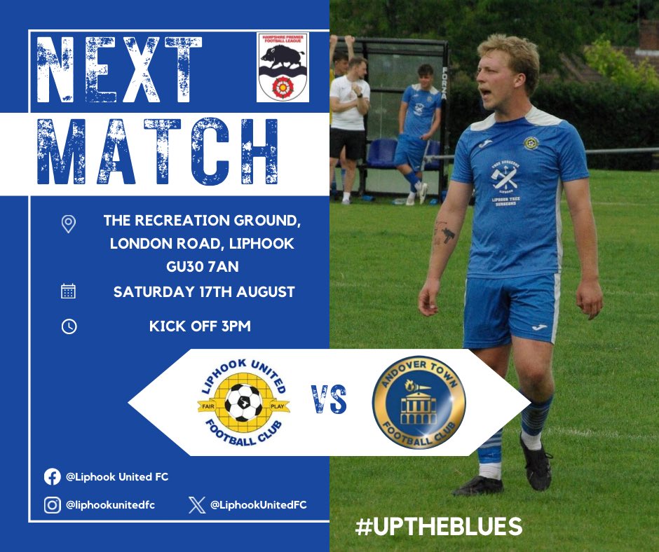 LiphookUnitedFC's tweet photo. 𝙉𝙀𝙓𝙏 𝙐𝙋….

Our First Team are back on home turf this Saturday as they welcome new boys @Andovertownfc to the Rec.

The Clubhouse will be open and fully stocked 🍻

Please join us and show your support for the lads 👏 

🚘 Polite reminder that if you are driving, please be considerate of our neighbours and do not park where you are blocking a driveway or access to someone’s property.

#uptheblues 🔵