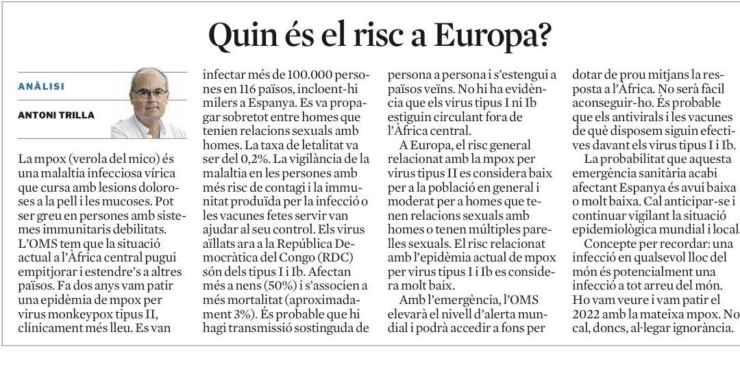 Mpox: la OMS va declarar ahir que la situació es una emergència de salut pública d'interés internacional, com ja va fer al 2022. 
Hi ha diferències entre ambdues, i uns quants dubtes i preguntes per respondre.
Calma i a seguir amb atenció les dades i els fets.