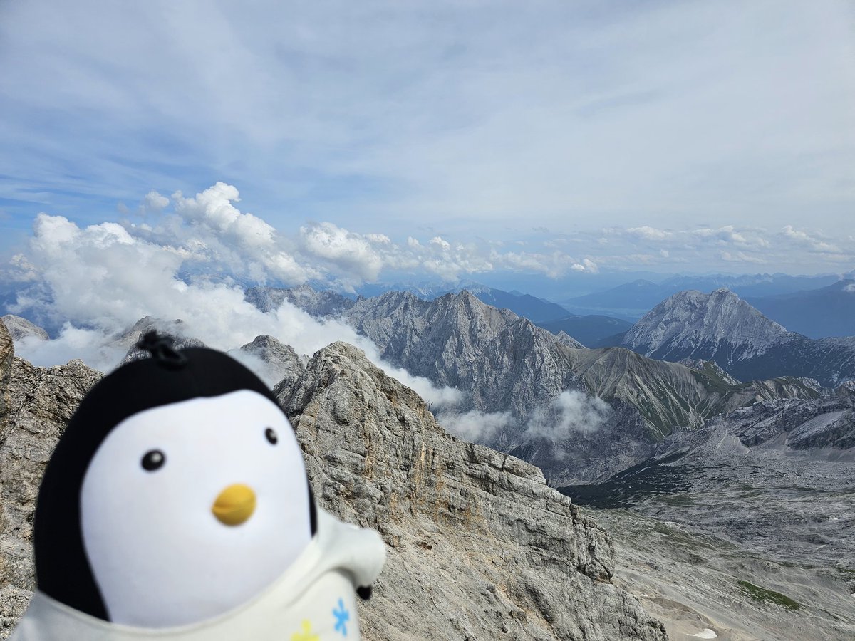 PinguinFridolin's tweet photo. And finally we made it to the top of the #Zugspitze #MarvinOnTour #hinking #alps https://t.co/CjGvXqRDdw