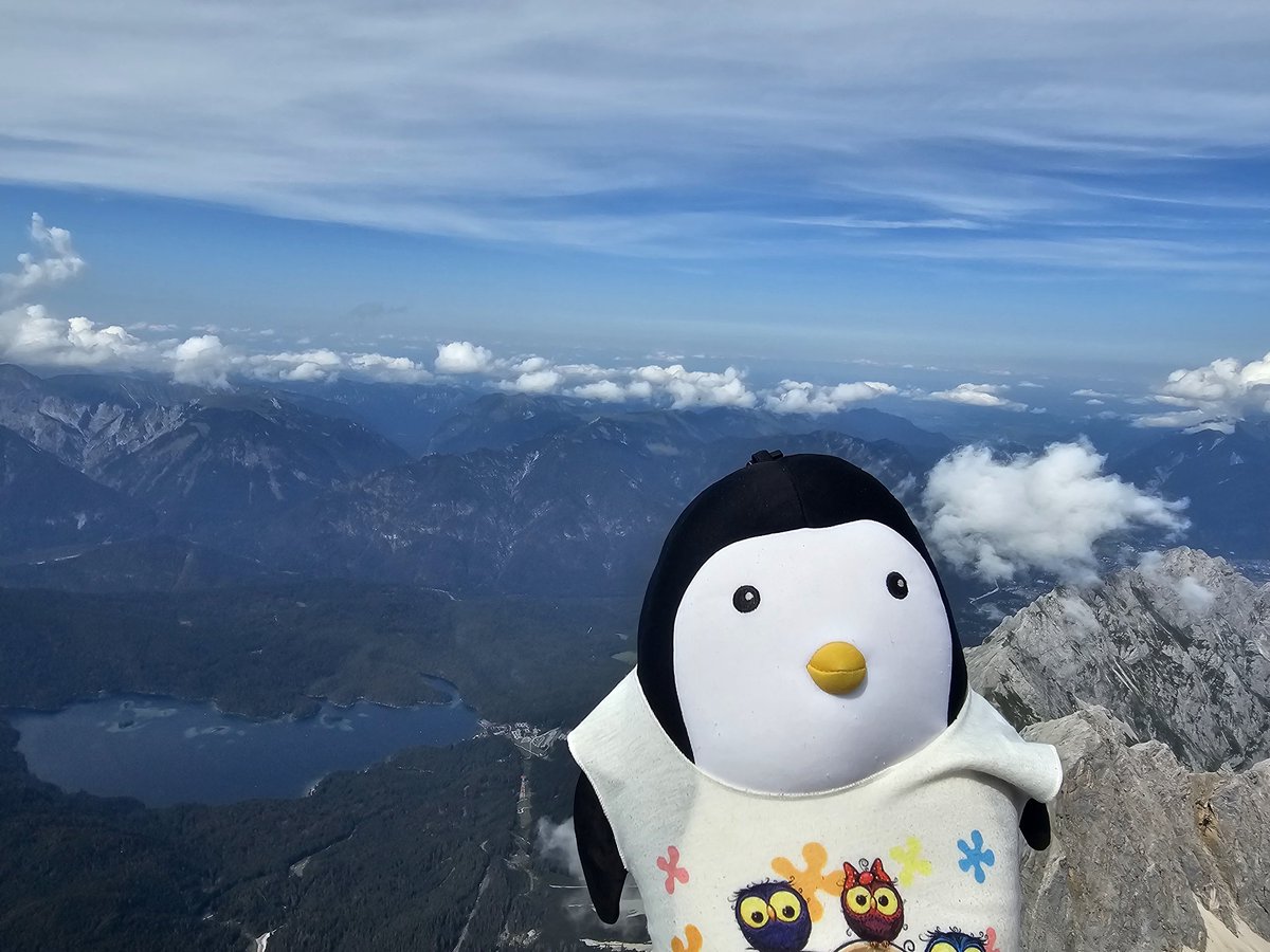 PinguinFridolin's tweet photo. And finally we made it to the top of the #Zugspitze #MarvinOnTour #hinking #alps https://t.co/CjGvXqRDdw