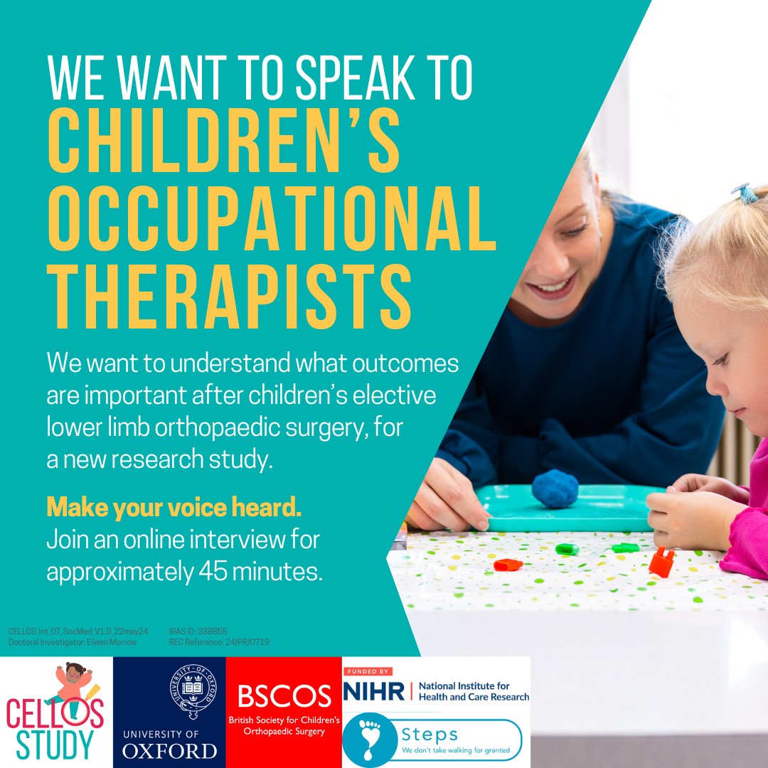 CELLOSstudy's tweet image. 🚨The @CELLOSstudy is looking for CHILDREN'S OCCUPATIONAL THERAPISTS🚨
We want to speak to OTs about what outcomes matter after children's elective lower limb orthopaedic surgery.
Can you help? Let us know at: forms.office.com/e/tn6tD2SfHH
Find out more at: ndorms.ox.ac.uk/research/clini…
