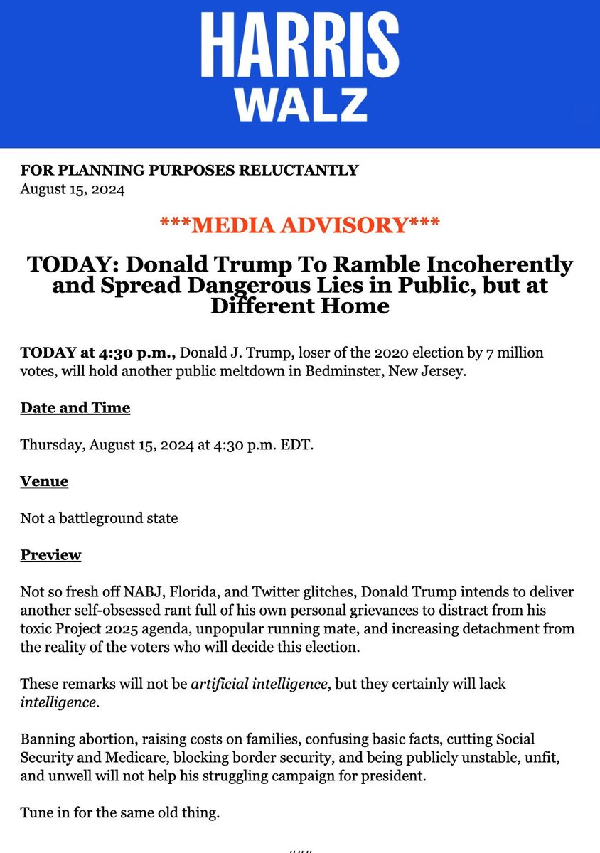 Doing a press advisory for your weird opponents press/ramble-conference is awesome trolling.  #RentFree