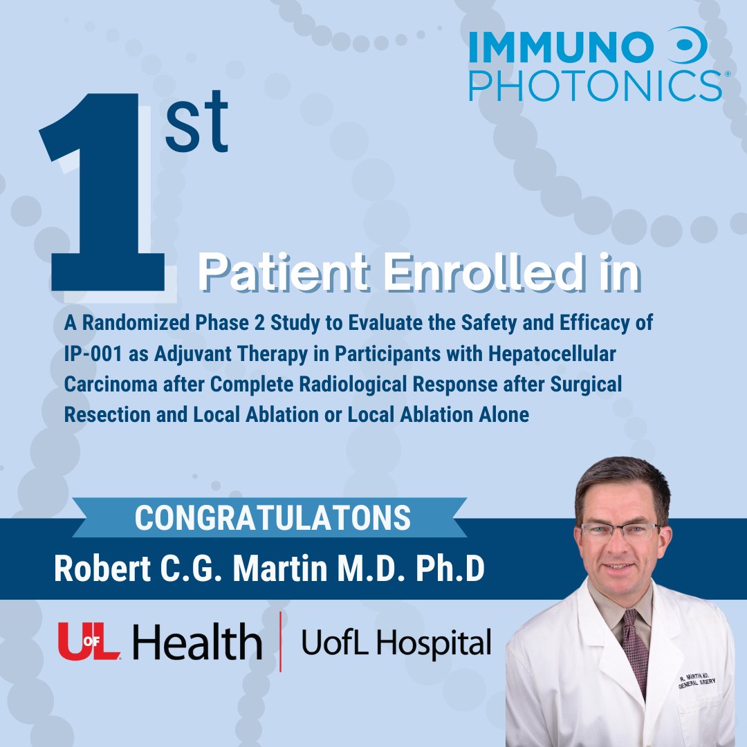 We are thrilled to announce that Dr. Robert Martin has successfully enrolled &amp; treated the 1st patient in our groundbreaking clinical trial: A Randomized Phase 2 Study to Evaluate the Safety and Efficacy of IP-001 as Adjuvant Therapy in Participants with Hepatocellular Carcinoma.