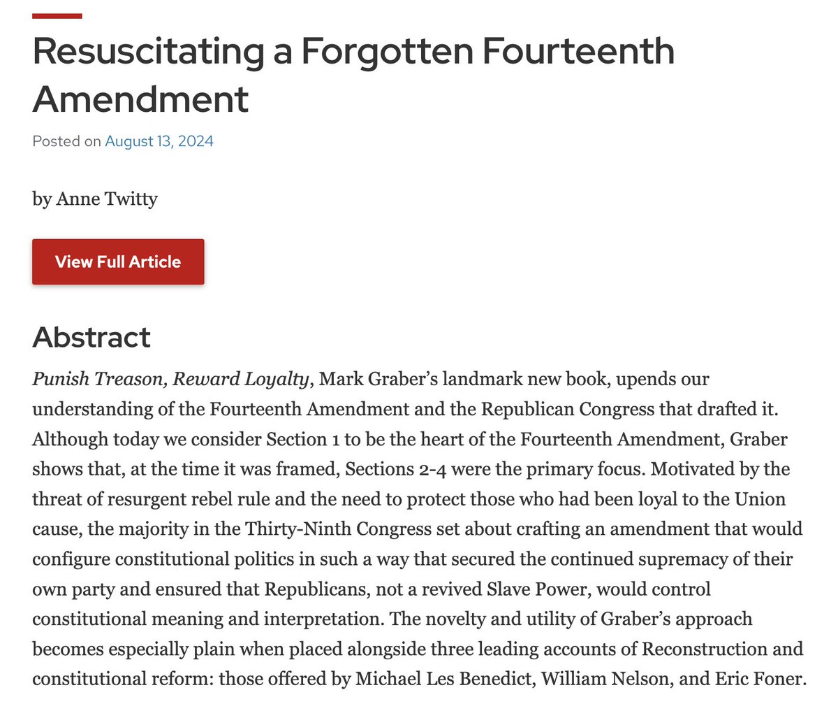 TheGNapp's tweet photo. The new issue of the JACH brings together two of my favorite people. Check out @ProfessorTwitty's exciting essay on @mgraber_'s important new book on the Fourteenth Amendment.

https://t.co/sAptwrUX0i https://t.co/KfNAUaLWCY