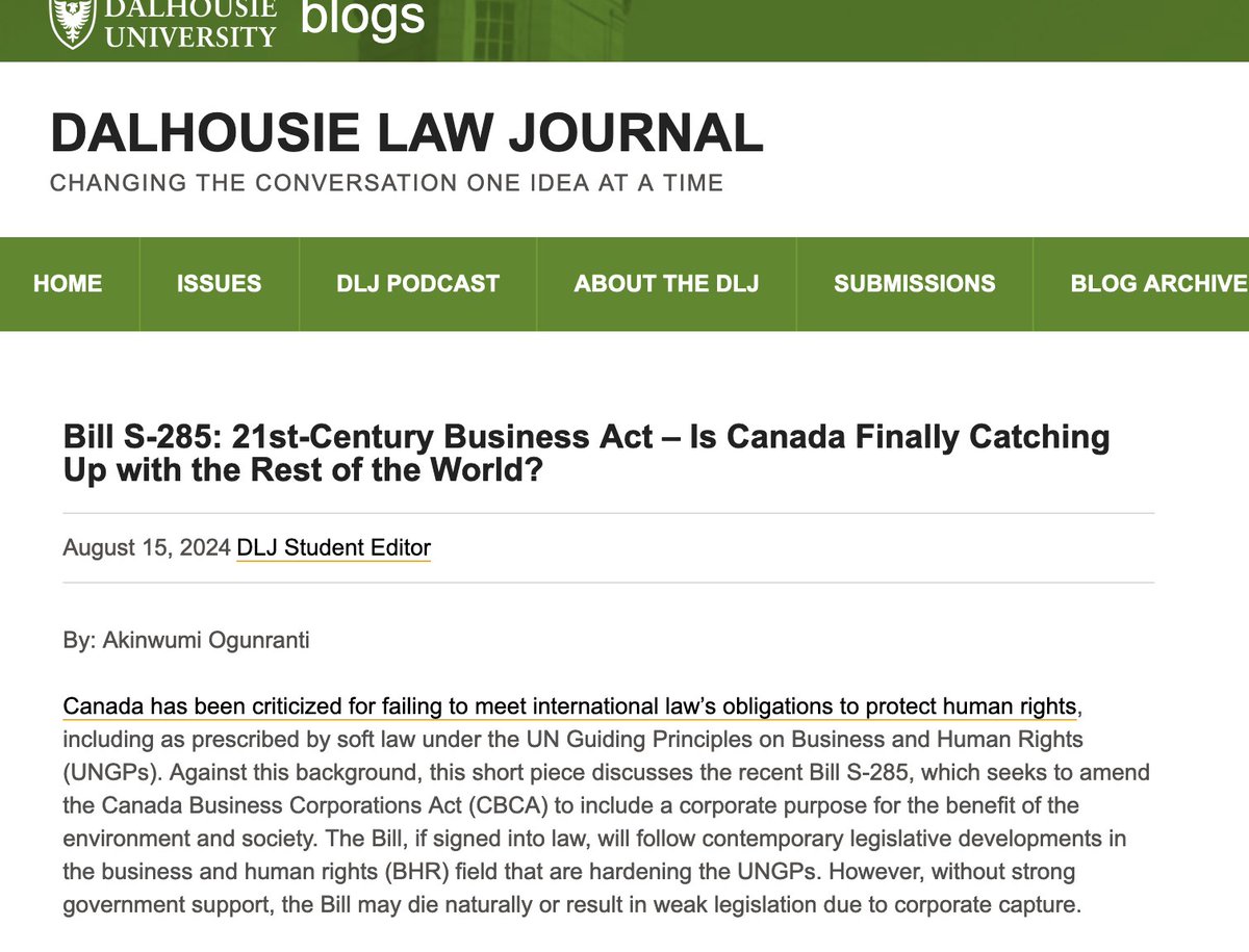 In this short blog post, I reflect on the Bill to amend the Canada Business Corporations Act (CBCA) to include a corporate purpose benefiting the environment and society. 

blogs.dal.ca/dlj/2024/08/15…