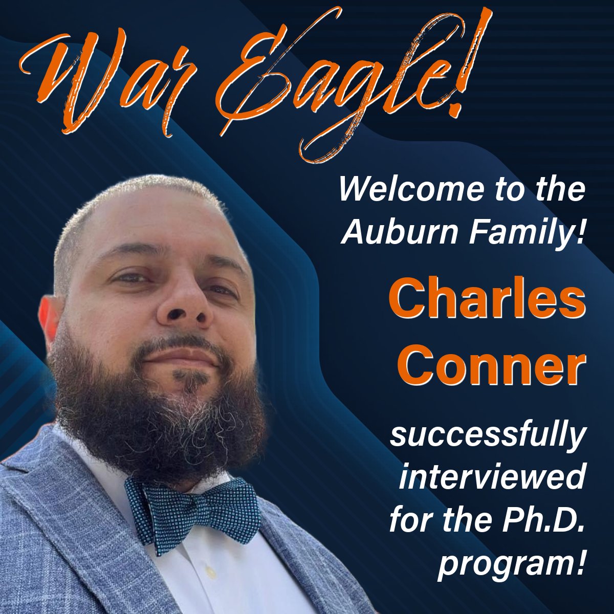 War Eagle and welcome to the #AuburnFamily! Charles Conner successfully interviewed for the Ph.D. program and we are so excited to begin working with him!
<a href="/AuburnU/">Auburn University</a> <a href="/AUCollegeofEd/">Auburn College of Education</a> <a href="/aucurandteach/">Auburn University | Curriculum and Teaching</a>