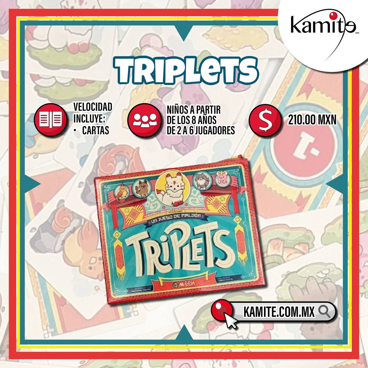 kamite_manga's tweet image. ¡#Triplets, un juego de mesa que pondrá a prueba tu visión y rapidez!👀
Las cartas se repiten 🃏, pero los animales se repiten más. ¡Debes estar atento a cuándo y dónde se repiten las cartas!🧐
El primero en reaccionar correctamente se lleva las cartas🏆👉 t.ly/maW5I