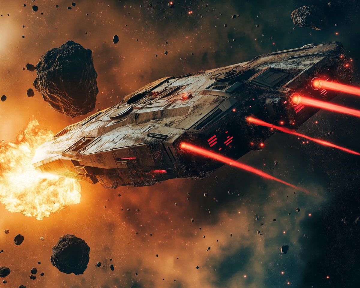scificadre's tweet image. Cutting through the chaos of the asteroid field, this battle-worn ship fights to survive in the depths of space. Red lasers blazing, nothing stands in its way. 🚀💥

#SpaceBattle #AsteroidField #SciFiArt #EpicAdventure #SpaceExploration #AsteroidExplosion #GrungeAesthetic