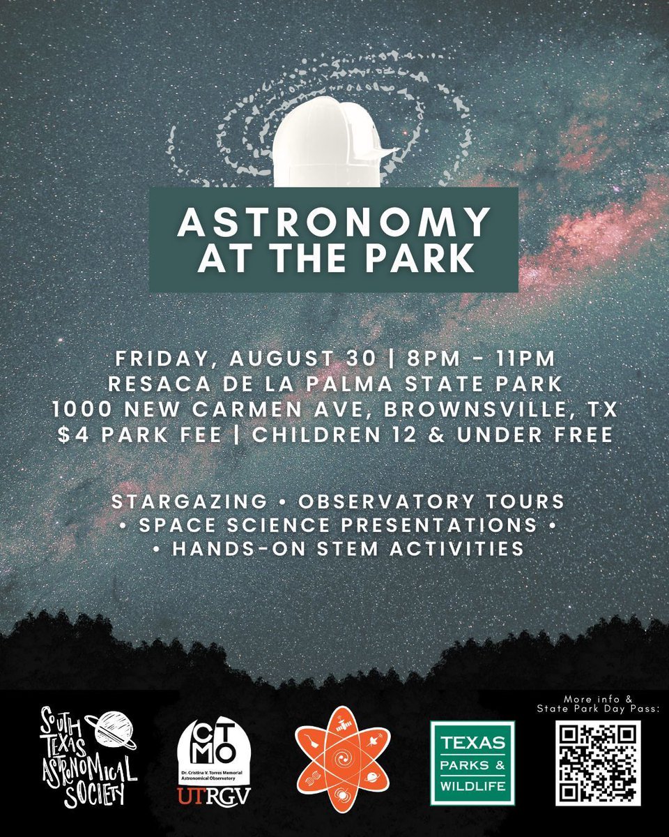 Join us on Friday, August 30 at 8pm for the next Astronomy at the Park, where you can explore the wonders of the universe at the UTRGV Cristina Torres Memorial Observatory ✨🔭

Event page: buff.ly/3M3qw9g