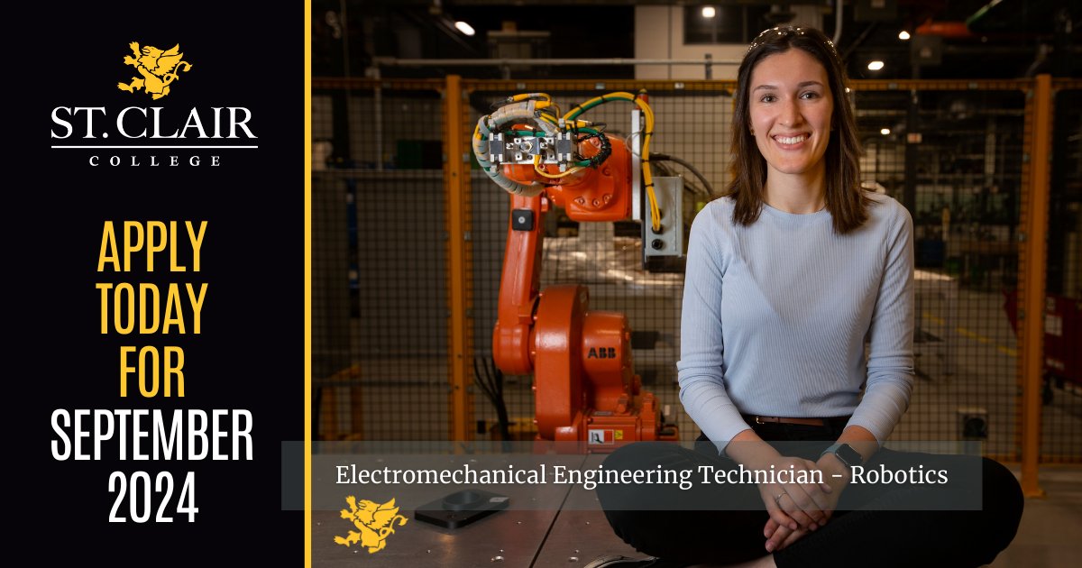 StClairCollege's tweet photo. Unlock Your Future in Robotics! 🤖 Join the Electromechanical Engineering Technician - Robotics program at St. Clair College and gain hands-on experience with cutting-edge technology. Limited seats available for September, so don’t delay—apply today! 
https://t.co/vN1D6qGH0T https://t.co/yUVxZY6IsE
