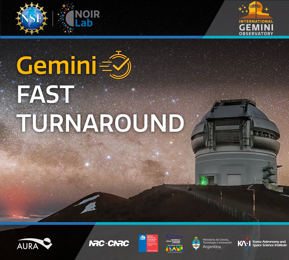 Call for Proposals! <a href="/GeminiObs/">Gemini Observatory</a> is accepting Fast Turnaround proposals for both Gemini North and South. Deadline: 31 August 2024 at 12:00pm Hawai‘i Standard Time. Proposals from Argentina, Brazil, Korea, and Canada partnership members are encouraged! 
noirlab.edu/science/news/a…