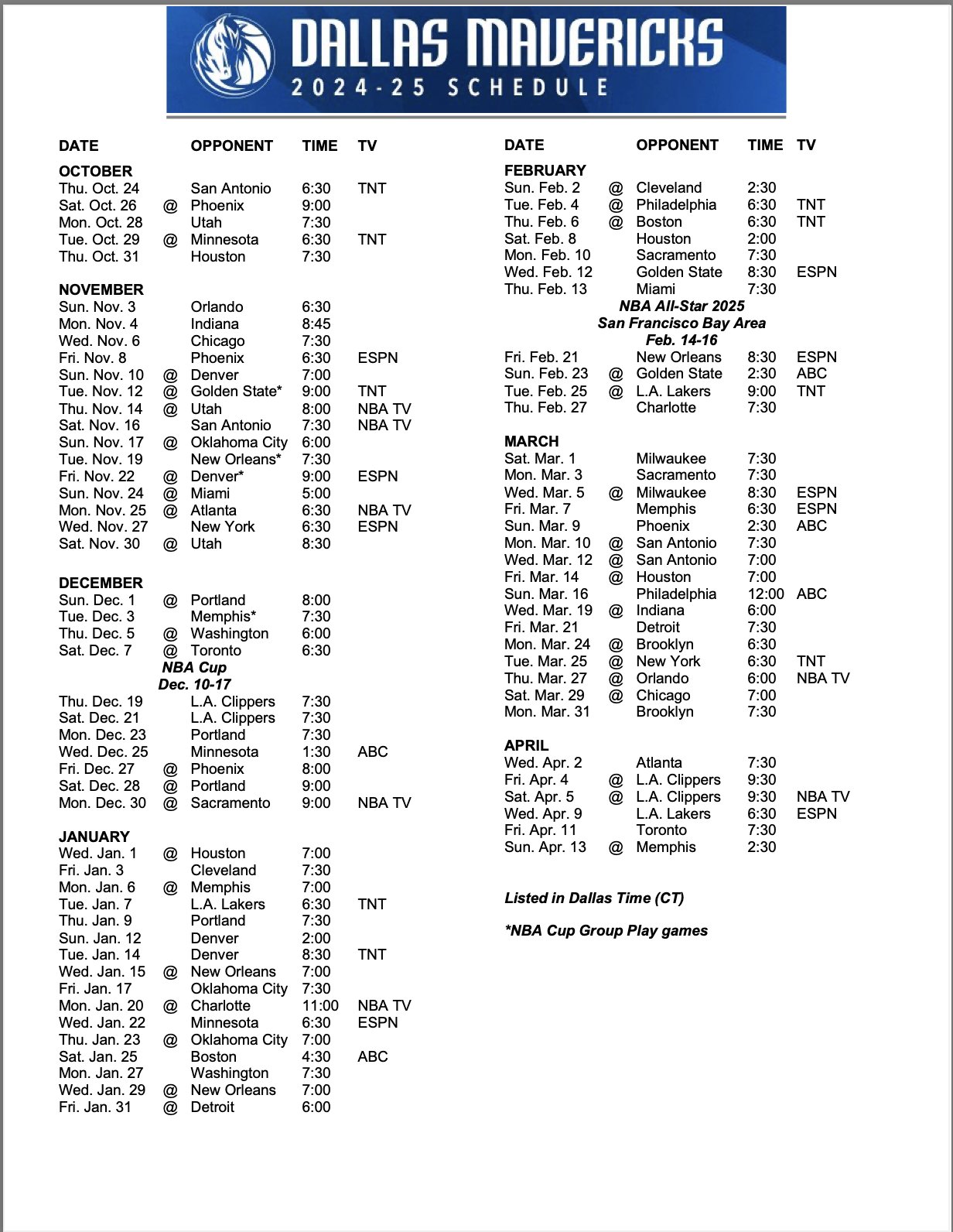 Mavericks Printable Schedule