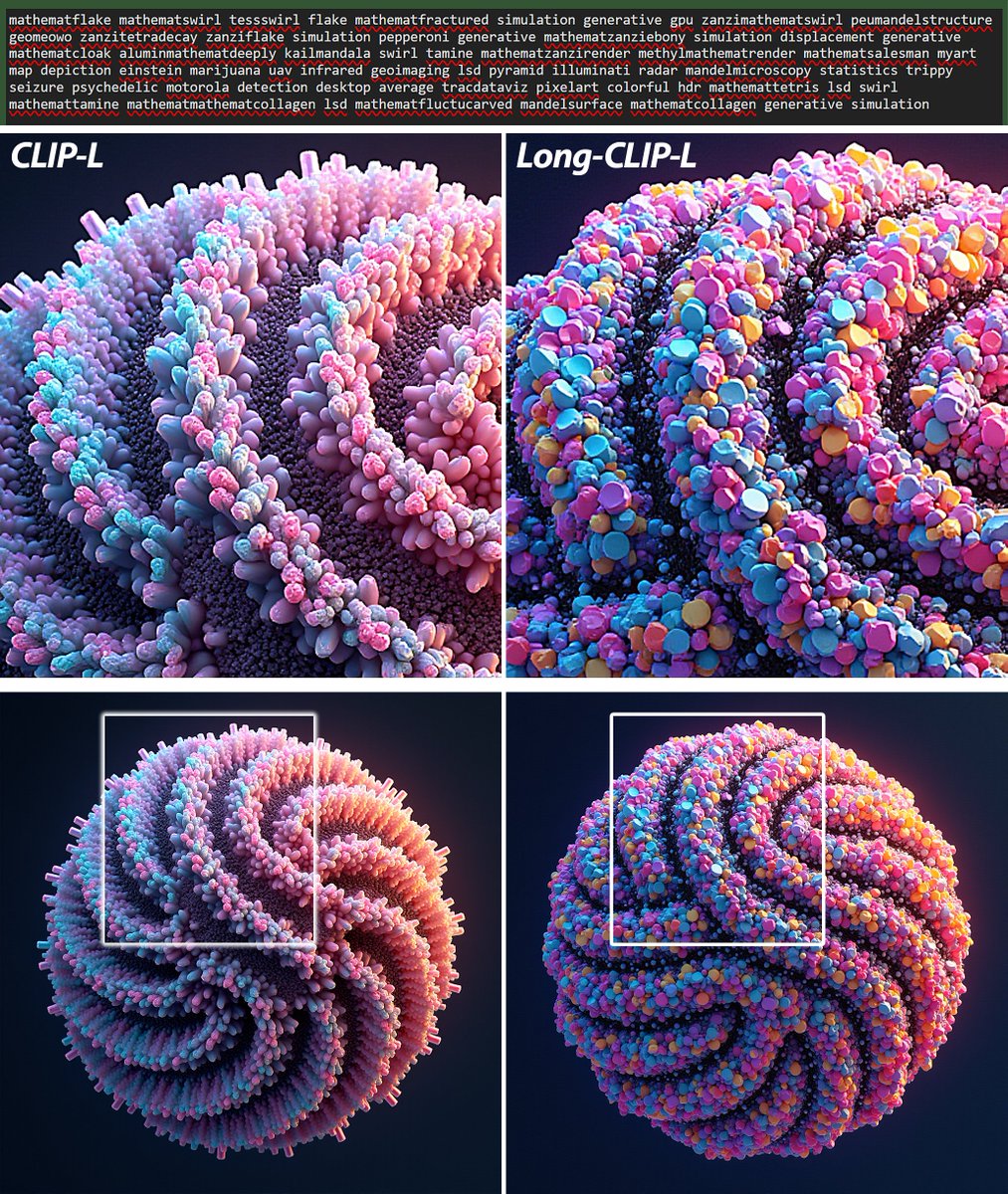 zer0int1's tweet photo. Using #LongCLIP-L (248 #tokens input max) vs. #CLIP-L (77 tokens max) - Long-CLIP is the perfect match for T5 with regard to prompts being looooooooooooooong.

Original images below. 👇🧵

#flux #flux1 #AIart #AI #textencoder #mod #finetune https://t.co/tsgFyOwPVW