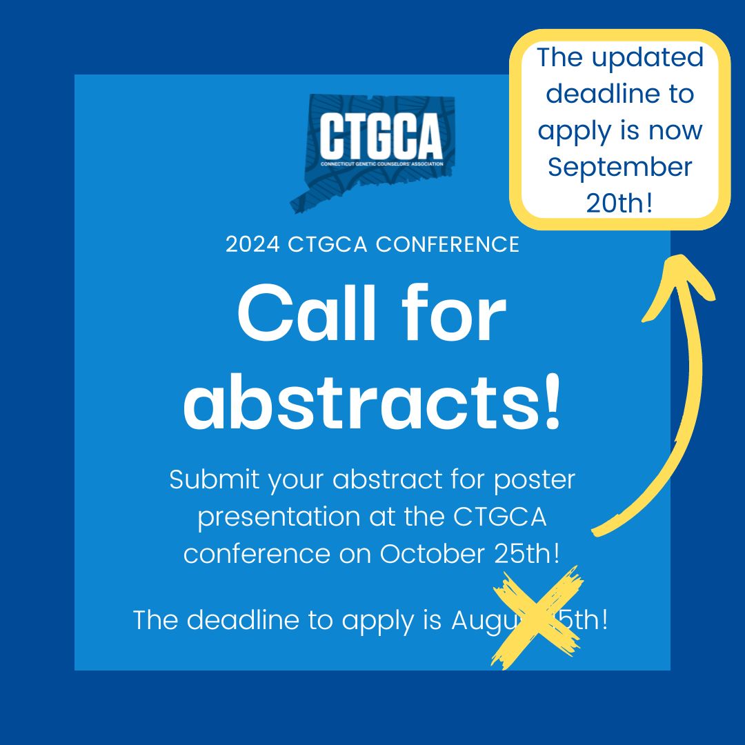 UPDATE‼️ The deadline for abstracts for the 2024 Annual CTGCA conference has been extended! Abstract submissions are now due by September 20th! Abstracts will be presented at the conference in a poster session format. Click here to submit: thejacksonlaboratory.qualtrics.com/jfe/form/SV_0r…