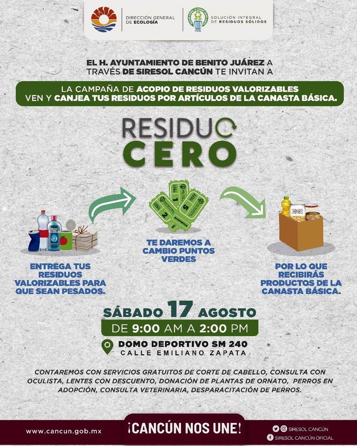 VivoEnCancun's tweet photo. ♻ Campaña de acopio de residuos valorizables Residuo Cero

Ven y canjea residuos por artículos de la canasta básica

📆 Sábado 17 de Agosto

⌚ 9:00 AM - 2:00 PM

📍 Domo Deportivo Smza 240 https://t.co/tMKhZYMcCB

❗ @cancunecologia https://t.co/oO7UDqhwlk