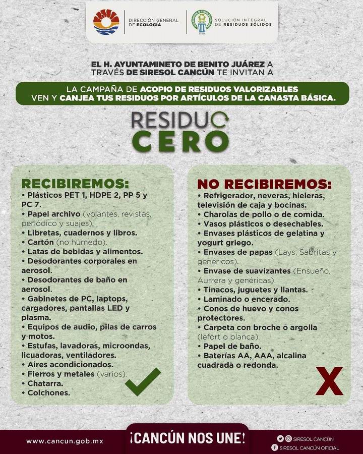 VivoEnCancun's tweet photo. ♻ Campaña de acopio de residuos valorizables Residuo Cero

Ven y canjea residuos por artículos de la canasta básica

📆 Sábado 17 de Agosto

⌚ 9:00 AM - 2:00 PM

📍 Domo Deportivo Smza 240 https://t.co/tMKhZYMcCB

❗ @cancunecologia https://t.co/oO7UDqhwlk