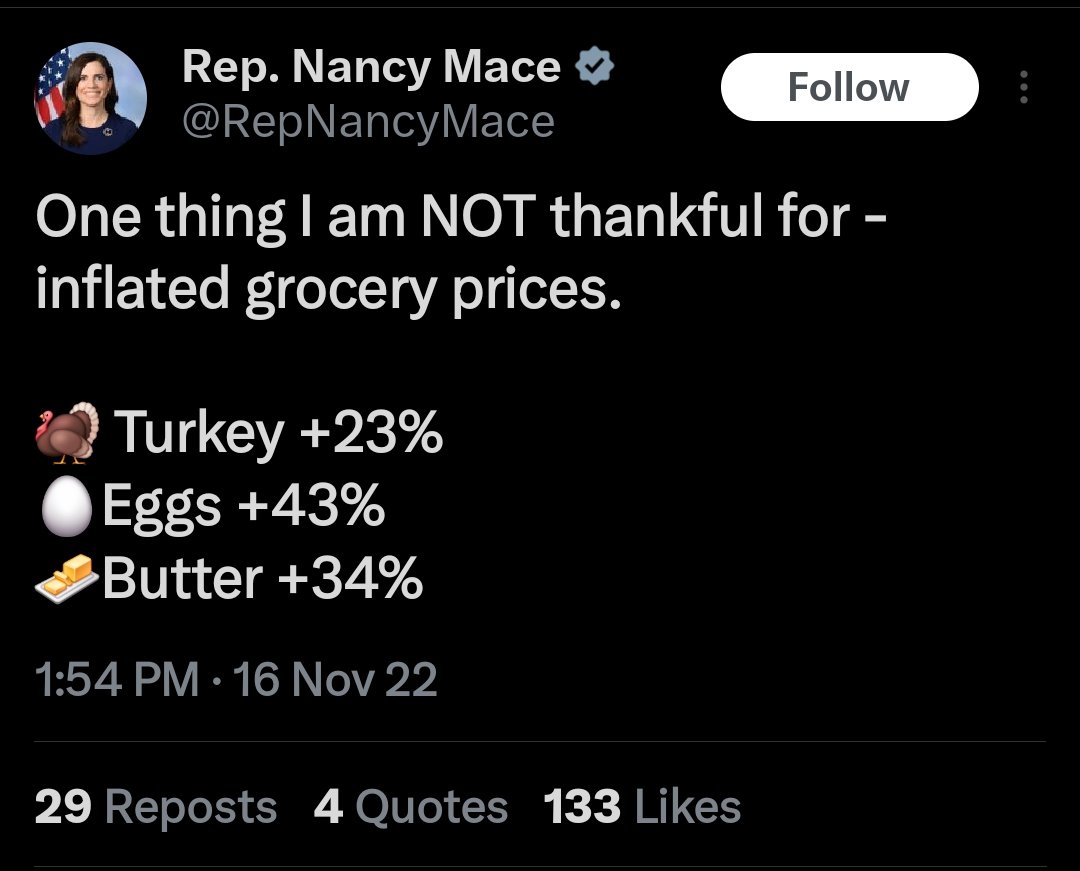 toddwieder's tweet photo. @RepNancyMace @VP So, just to be clear - you care about prices  right up until someone has a plan to do something about it? You are pathetic. https://t.co/NzDPra8wU1
