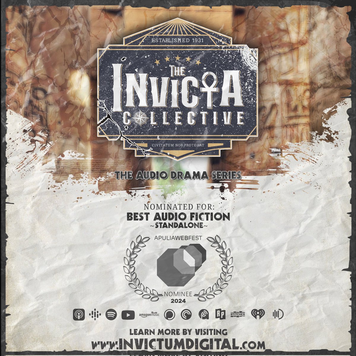 InvictumDigital's tweet photo. More nomination news as we find out that we've been nominated for Best Audio Fiction(Standalone) at @WebApulia this year! If you're an #audiodrama fan/lover of #adventure, check out our pilot for FREE at https://t.co/tMA2lzQfAf! #audiofiction #apuliawebfest #indianajones #nominee https://t.co/FfQVZzF6GP