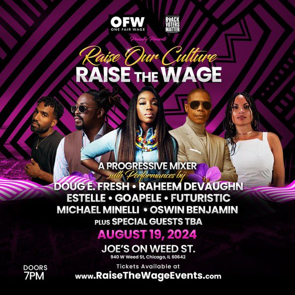 Goapele's tweet image. I’m honored to be part of #RaiseTheWage concert series, an initiative to support the workers and voters across the nation.  Grab your ticket if you’ll be in Chicago  for August 19th! RaiseTheWageEvents.com