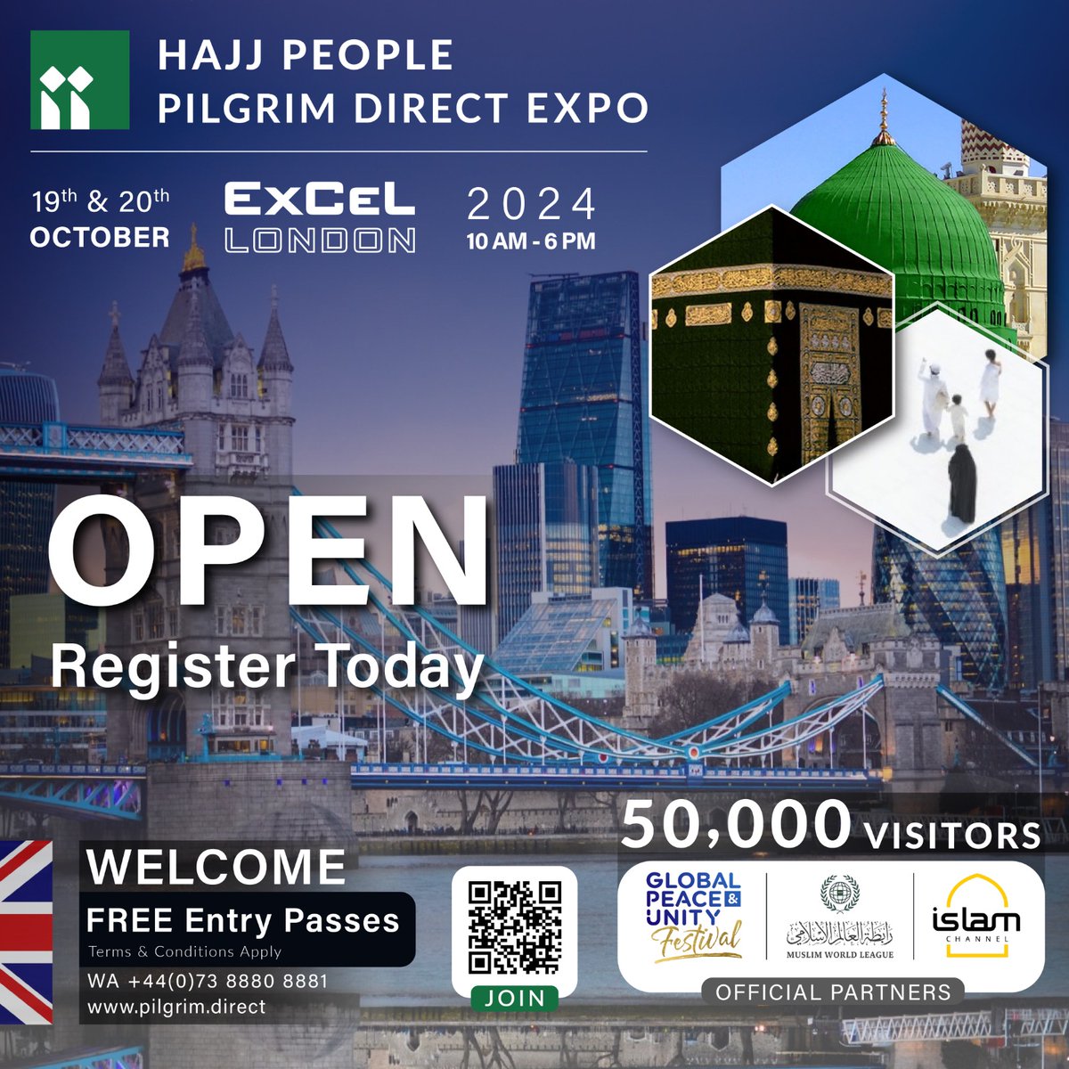 hajjpeople's tweet photo. PILGRIM DIRECT EXPO 2024
Europe’s Hajj & Umrah Event of the Year!

Excited to welcome more than 50,000 visitors to the Pilgrim Direct Expo at the London ExCel this October. 

A Vision 2030 Hajj & Umrah inspired event by Hajj People. So many opportunities to be explored with our partners, presenters, exhibitors and visitors. 

Be a part of an amazing Hajj & Umrah Community: 

Register Now
https://t.co/ahT81vgWVB

Limited - FREE Entry Passes Available
Exhibitions, Presentations, Seminars, Workshops,  Awards & Entertainment

#PilgrimDirect #Hajj #Umrah #Madinah #Makkah #Islam