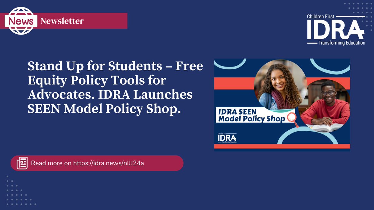 IDRAedu's tweet image. Big News for Advocates! IDRA has launched the SEEN Model Policy Shop, a free resource offering equity policy tools to support inclusive education. 🌟 Explore the SEEN Model Policy Shop now! 🔗 idra.news/nlJJ24en
#EducationalEquity #PolicyTools #Advocacy #IDRA