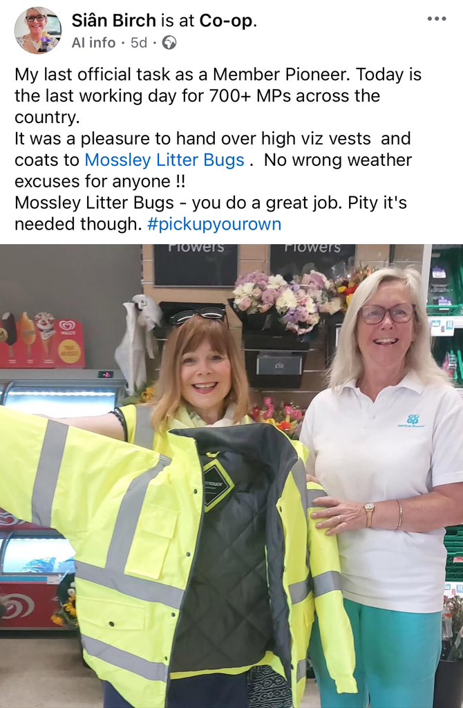 One of my brilliant team of <a href="/coopuk/">Co-op</a> Member Pioneers <a href="/SianBirchCoop/">SianBirch Coop</a> finishing the role well after 5yrs in #Mossley with <a href="/joeezra12/">joe</a> <a href="/coopuk/">Co-op</a> &amp; #Grotton &amp; #Lees Green spaces were one of our priorities so a community donation here equips a new volunteer group with all weather kit 🩵🌱