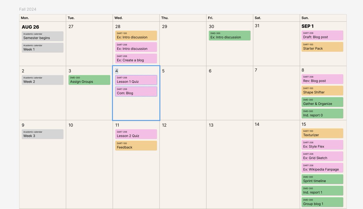 BenFictional's tweet image. My latest attempt for the perfect reusable course calendar is a big ol Figma file — edit the dates from year-to-year and drag the assignments around as needed to update.