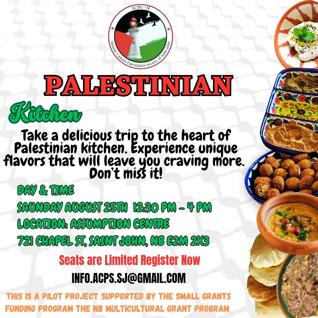 AcpsSj50140's tweet photo. Join us for a #Palestinian cooking #workshop. Learn to create traditional dishes and discover the rich flavors of Palestinian cuisine. #food #Foodie Spaces are limited—reserve your spot today!👇🏽 https://t.co/U2I42kZpKF
Supported by #NB #Multicultural Grant Program. @ONBCanada https://t.co/Z6aHDIDBHW