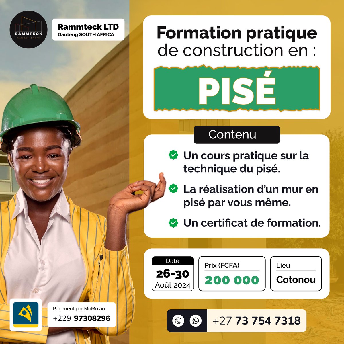 OMONABULESHOWO's tweet image. 💡Et si vous passez vos vacances en construisant votre propre mur en Pisé? 💡
📅 Du 26 au 30 août, nous organisons en collaboration avec Rammteck leader sud-africain de la  une formation pratique en Pisé à cotonou.  Incrivez-vous ici formationenpise.systeme.io/73658ae4