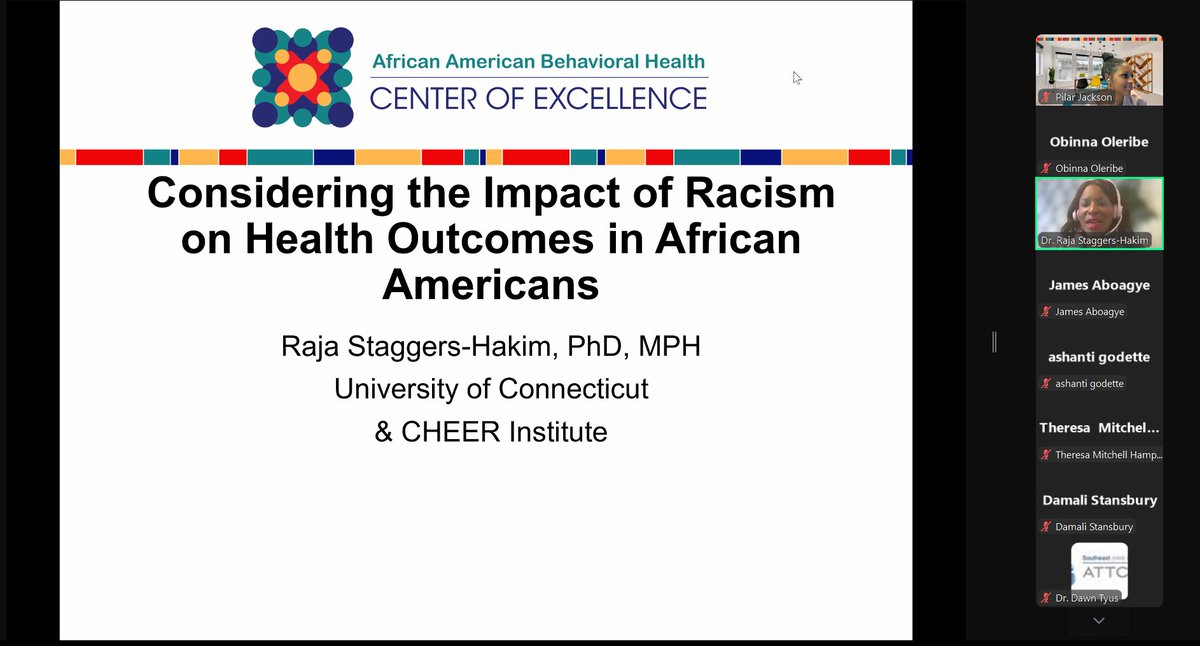 C4FHealth's tweet photo. Great presentation on the Impact of Racism on Health Outcomes in African Americans by Dr Raja Staggers-Hakim PhD, MPH with Pilar Jackson of the African American Behavioral Health Center of Excellence. Racism is a psychological and physical burden that we must deal with. #CFHI https://t.co/PNhtqMM6xh